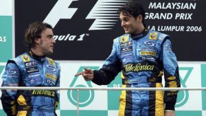 Giancarlo Fisichella junto a Fernando Alonso, podio del Gran Premio de Malasia 2006.