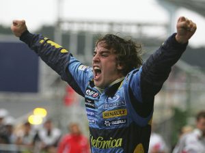 Fernando Alonso, Renault, celebra el Campeonato de Pilotos 2005 en el Gran Premio de Brasil.